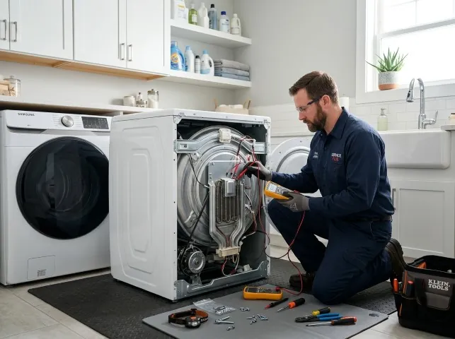 Appliance Repair Hero technician checking a dryer heating element with the rear panel off in Belleville, WI
